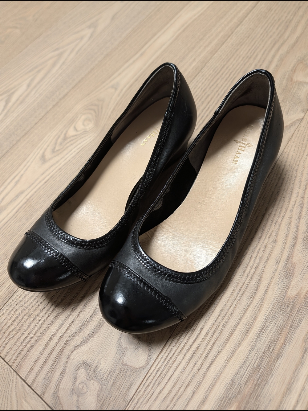 Cole Haan Black Leather Cap Toe Ballet Wedge Flats Womens 7.5 8
